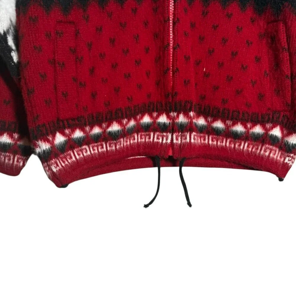 Boys Alpaca Wool Hooded Sweater Jacket Llama Drawstring Hem Red Black size 10